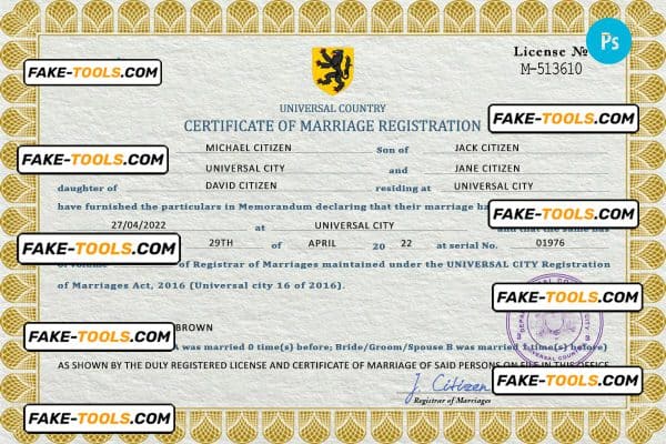 sight universal marriage certificate PSD template, completely editable