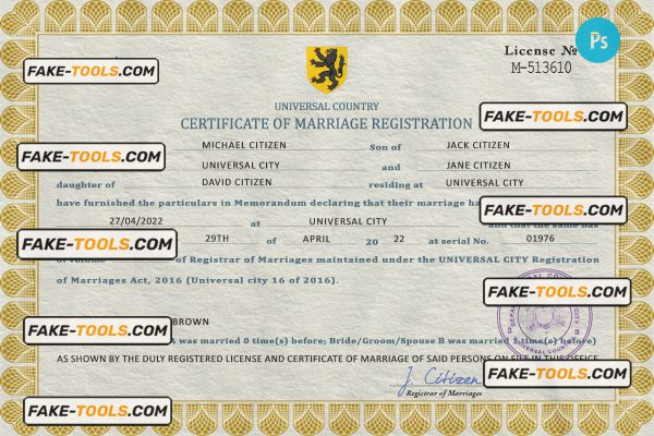 sight universal marriage certificate PSD template, completely editable