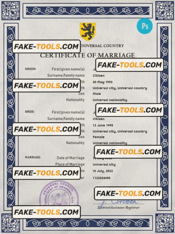 sketch universal marriage certificate PSD template, completely editable