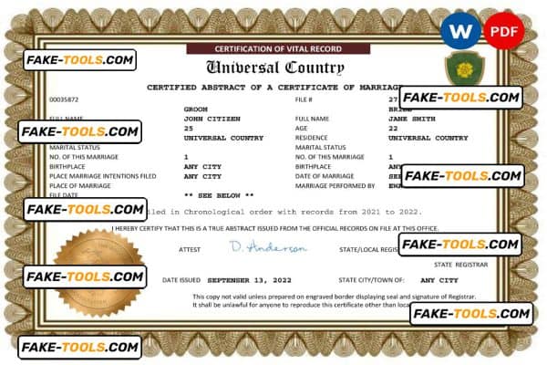 smart universal marriage certificate Word and PDF template, completely editable