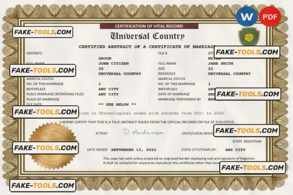 smart universal marriage certificate Word and PDF template, completely editable