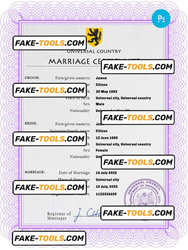snap universal marriage certificate PSD template, completely editable