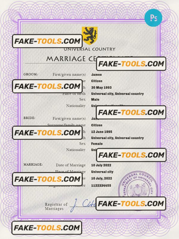 snap universal marriage certificate PSD template, completely editable