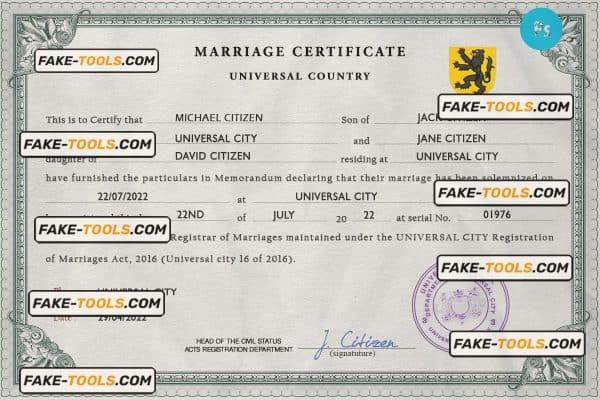 snapshot universal marriage certificate PSD template, fully editable