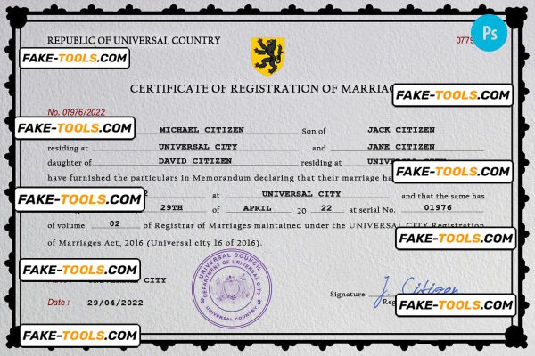 spellbound universal marriage certificate PSD template, fully editable