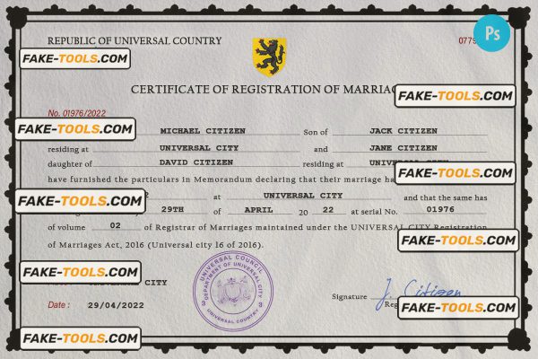 spellbound universal marriage certificate PSD template, fully editable