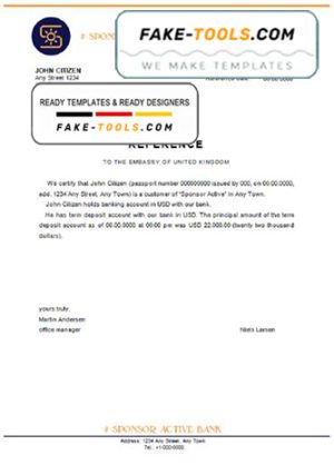 sponsor active bank universal multipurpose bank account reference template in Word and PDF format