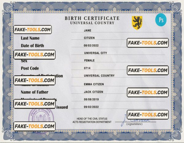 stance universal birth certificate PSD template, completely editable