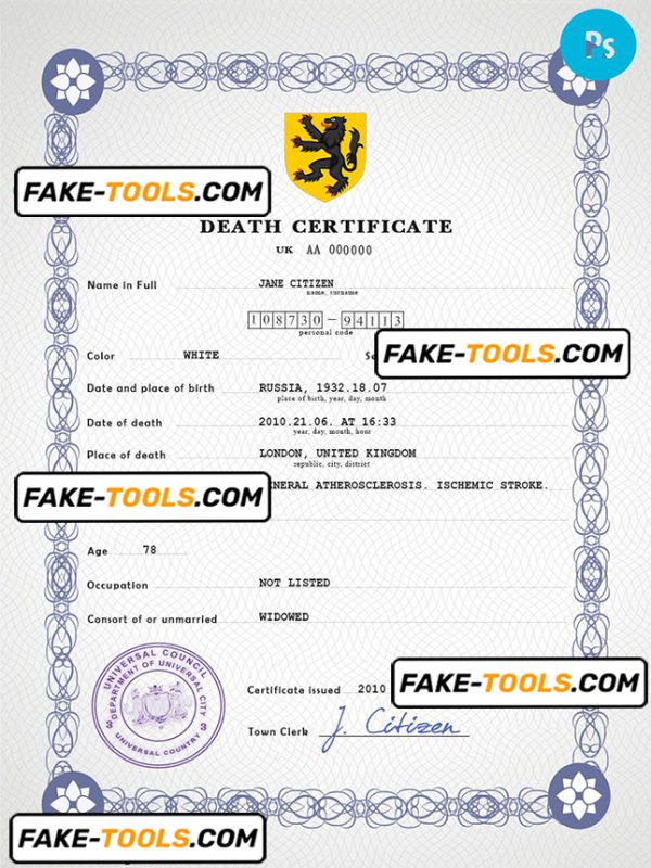 stance vital record death certificate universal PSD template