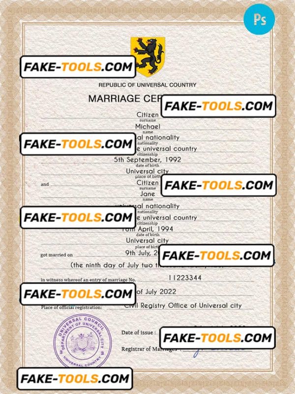 stock universal marriage certificate PSD template, fully editable
