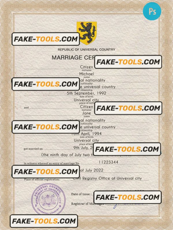 stock universal marriage certificate PSD template, fully editable