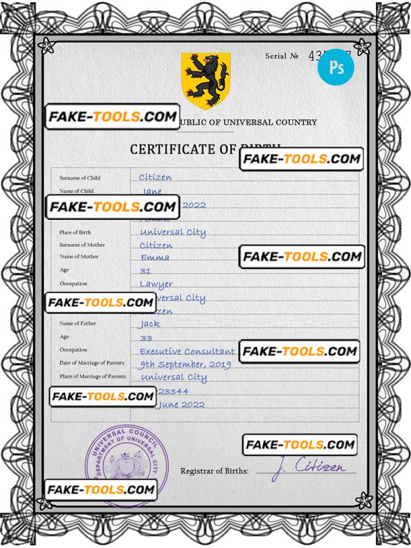 trident universal birth certificate PSD template, fully editable