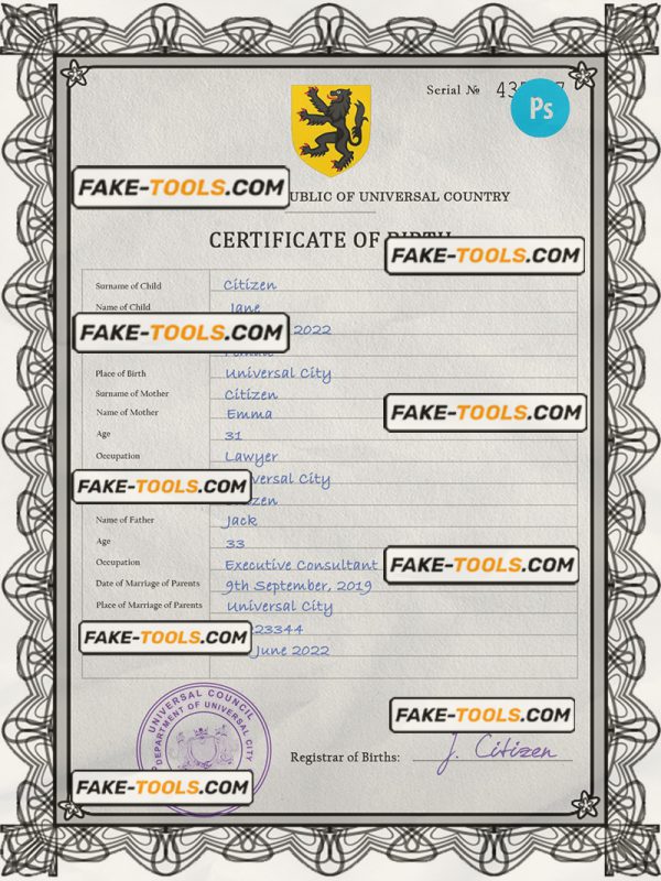 trident universal birth certificate PSD template, fully editable