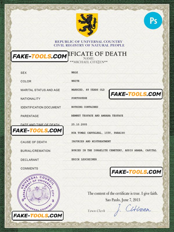trust vital record death certificate universal PSD template