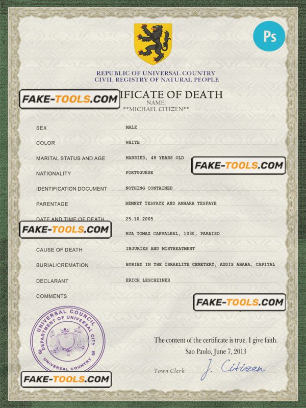 trust vital record death certificate universal PSD template