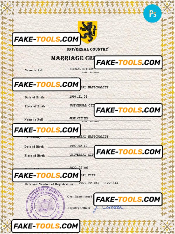 underexpose universal marriage certificate PSD template, fully editable