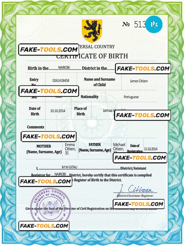 united assembly universal birth certificate PSD template, completely editable