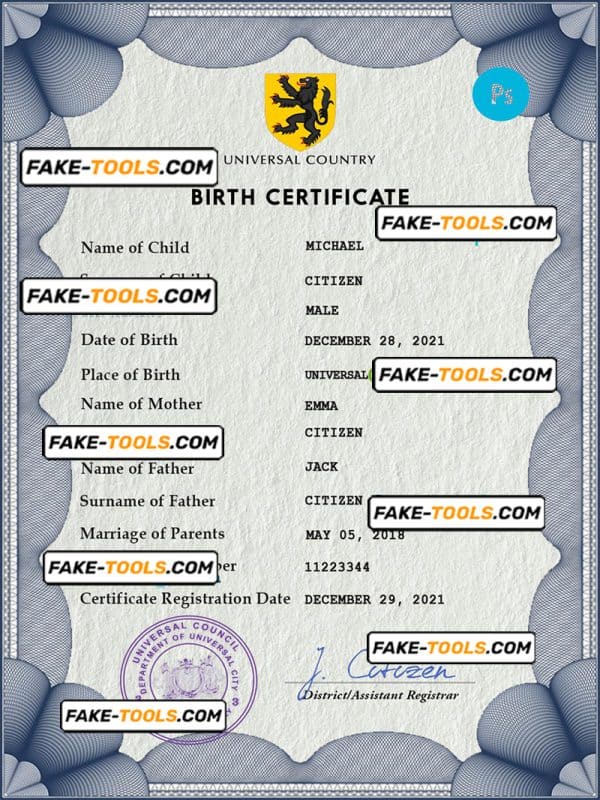 universbia universal birth certificate PSD template, completely editable