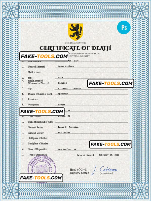 variety vital record death certificate universal PSD template
