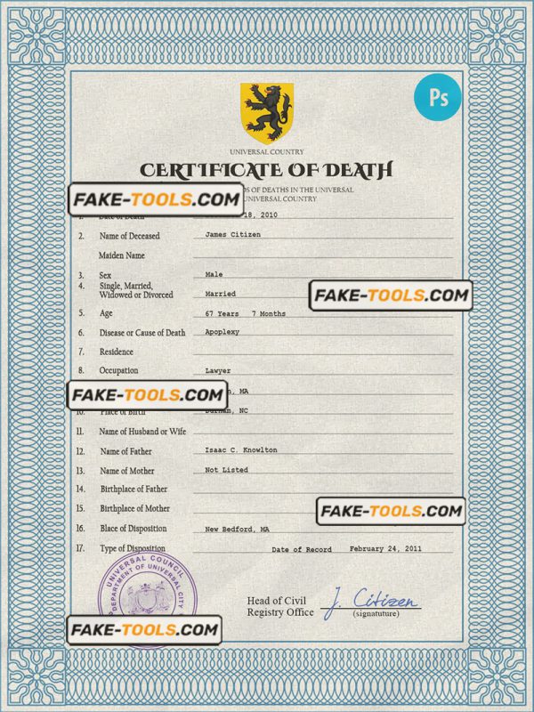 variety vital record death certificate universal PSD template