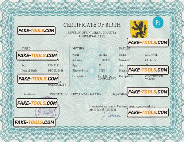 voice universal birth certificate PSD template, completely editable
