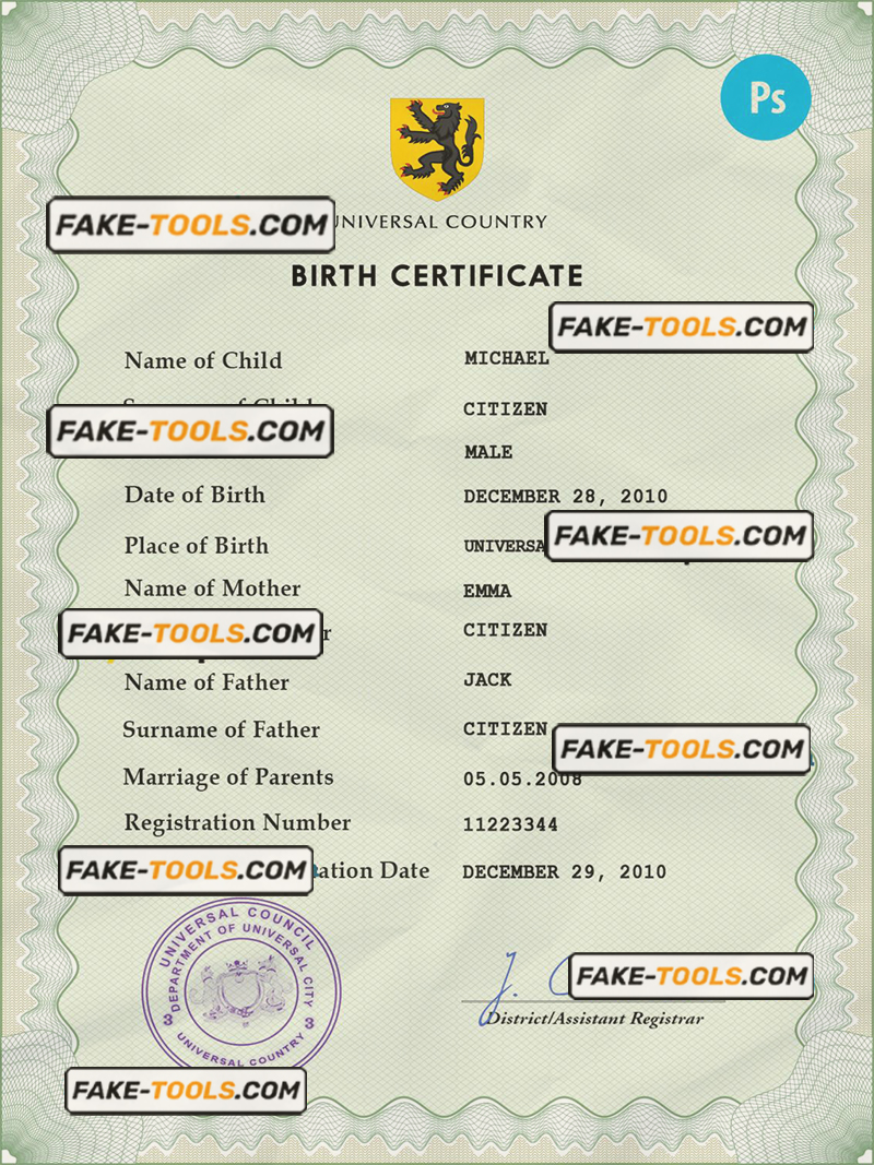 wisdom universal birth certificate PSD template, fully editable scan effect
