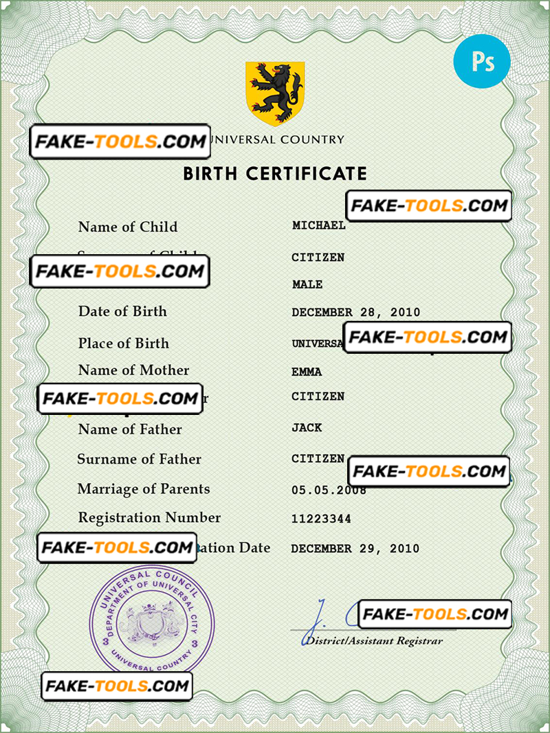 wisdom universal birth certificate PSD template, fully editable